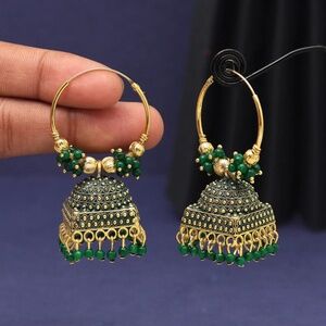 Green Ring Style Gold Plated Oxidised Meena Jhumka